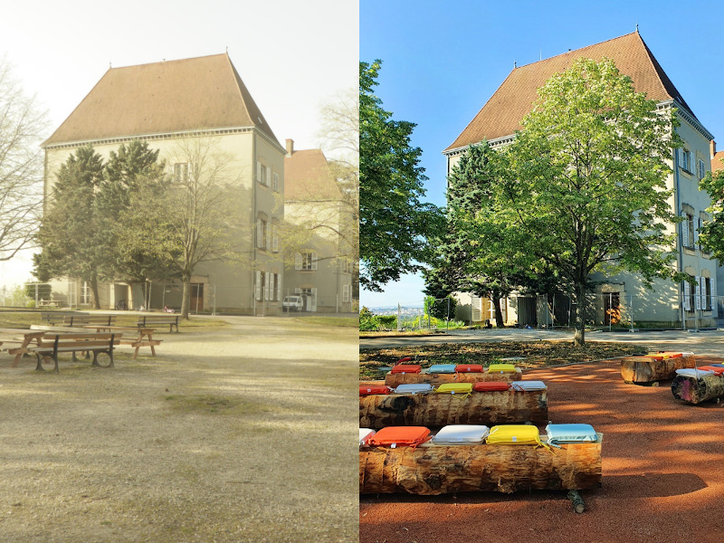 photo avant / après de l'espace extérieur réaménagé du lycée Lamarque